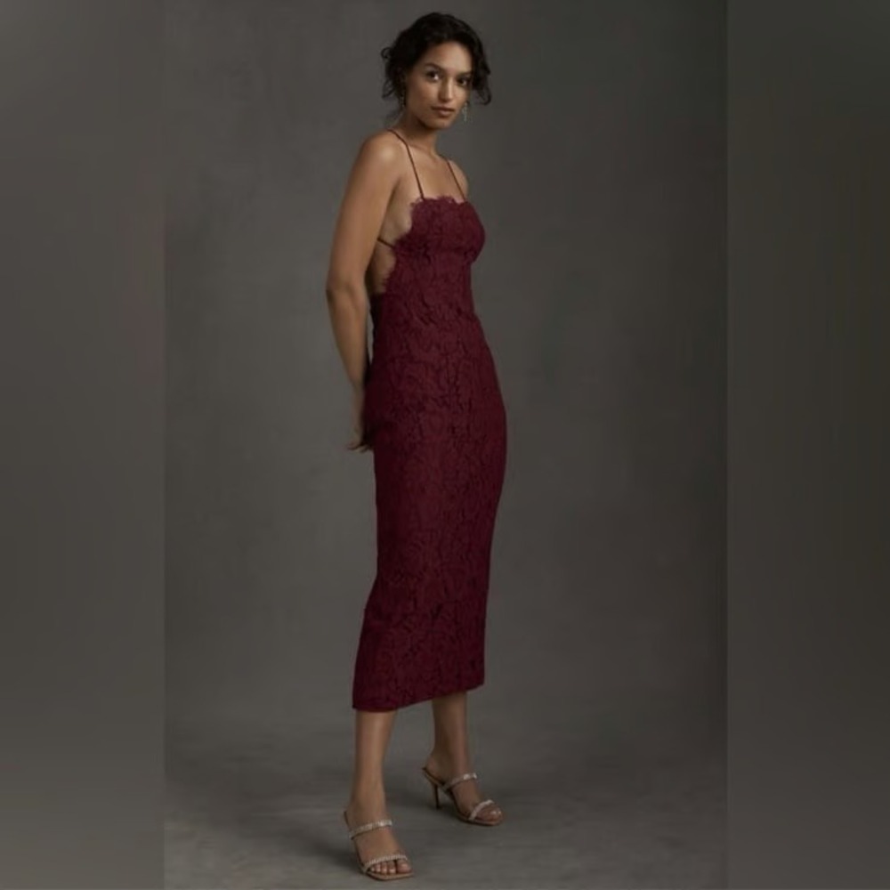 Fame and Partners Anthropologie Rain Column Size 10 Maroon Midi Dress Lace NWT